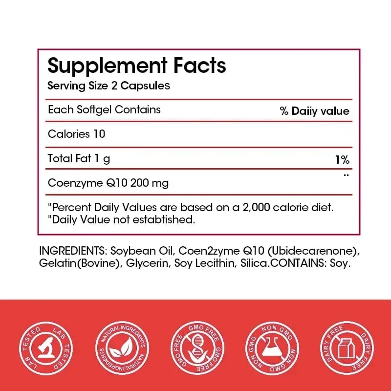 Coenzyme Q10 Capsules 200mg -Provide Energy Support Heart and Cardiovascular Health Promote Metabolism Anti-oxidation — image 2