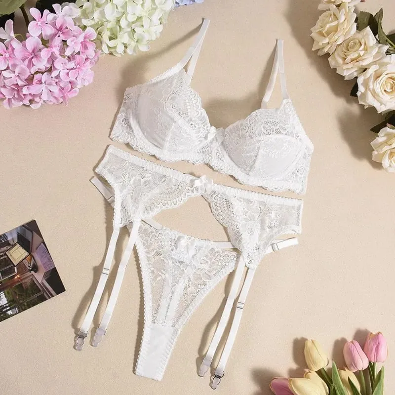 Elegant Women's Lingerie Sets Delicate Floral Embroidery Lace Bra Thong Garter Belts 3PC See Through Sexy Underwear Erotic Sets