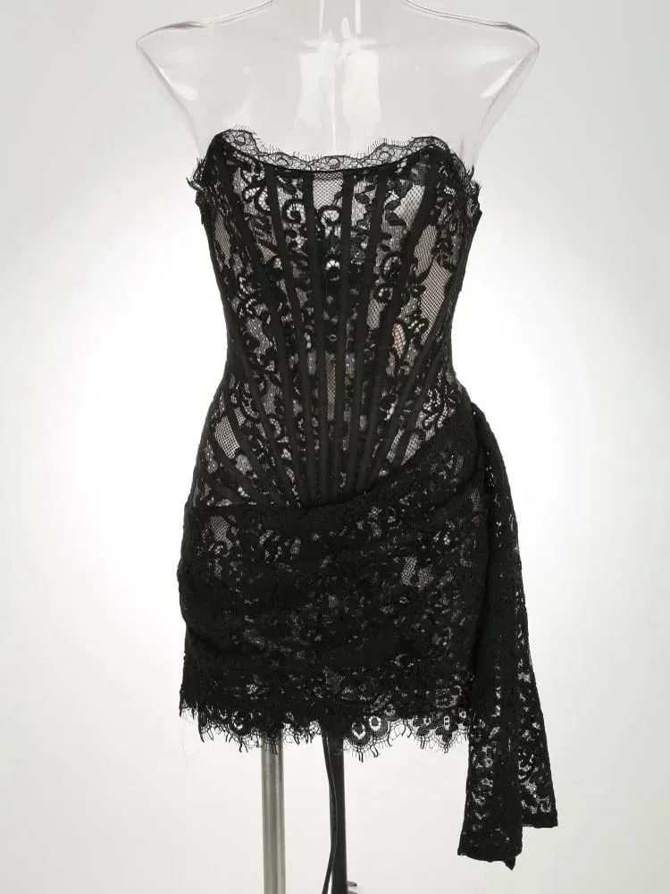 Abito corsetto patchwork trasparente in pizzo sexy Abito aderente femminile Elegante mini abito da donna MIrrgualr Abito con top a tubino Nuovo — image 6