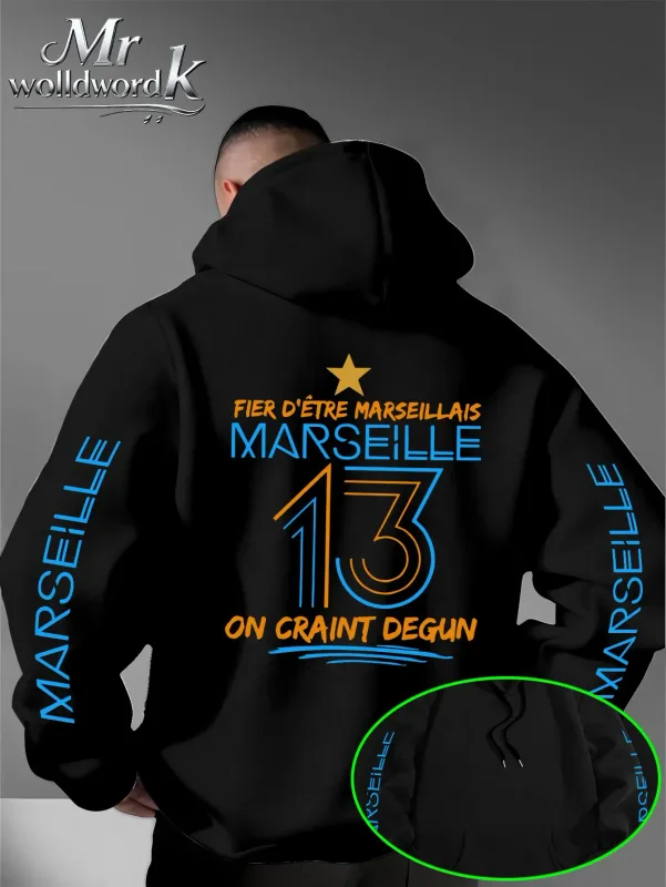 Men Marseille 13 City Graphic Hoodie Multi‑Print Sleeve Back Letter Hooded Sweatshirt Autumn Winter Fleece Loose Hoodie