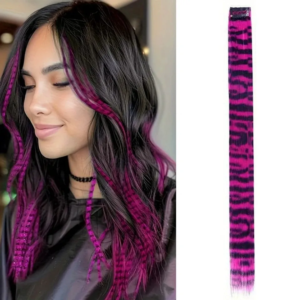 Long Straight Colorful Striped Feather Hairpieces Synthetic Y2K Green Orange Clip in Leopard Print Hair Piece Cosplay Party — image 11
