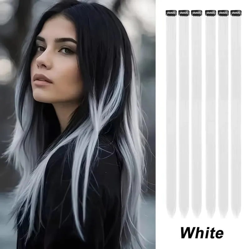 22Inch Synthetic 6pcs Long Straight Hair Extension Colored Rainbow High-Temperature Fiber Hairpiece for Women Daily Party Use