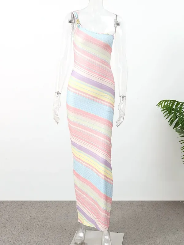 Women Rainbow Stripe Knit Maxi Dress One Shoulder Single Strap Side Split Bodycon Vestidos Summer Beach Vacation Party Robe 2026