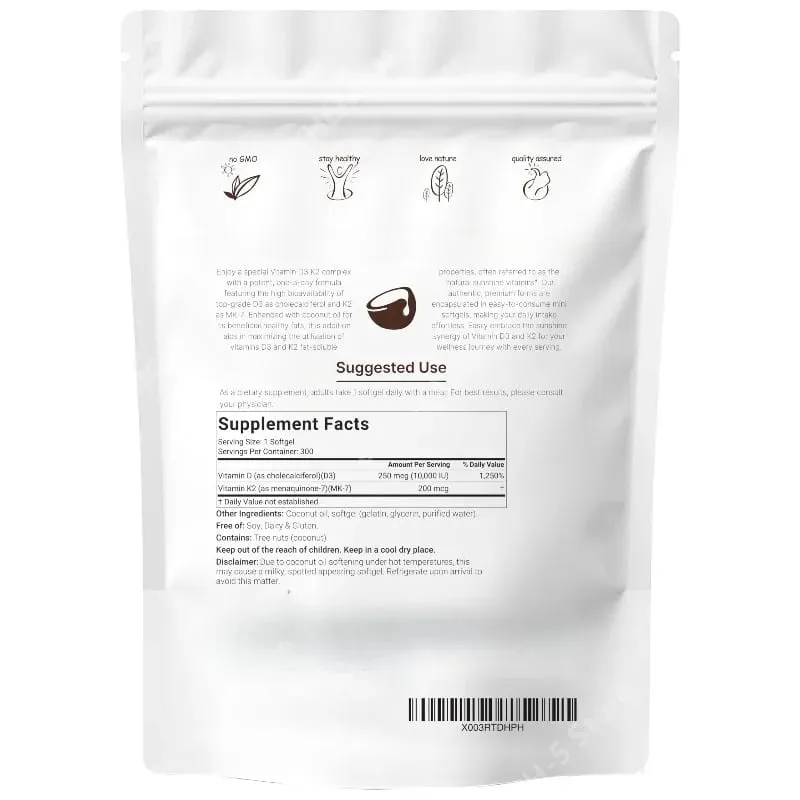 Vitamin D3 K2 Softgels D3 10000 IU + K2 MK-7 200 Mcg Softgels with Coconut Oil 2-in-1 Vitamin D & K Daily Supplement 180 Count — image 4