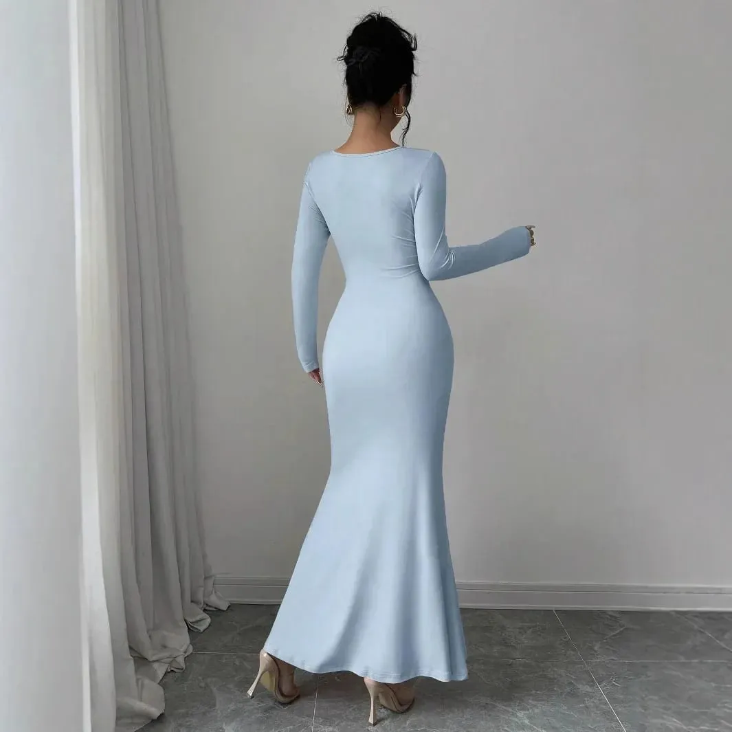 Elegant Long Sleeve Fish Tail Dress Women's Fashionable Slim Fit Sexy Gown Full Length Ankle Skirt Regular Waistline — image 2