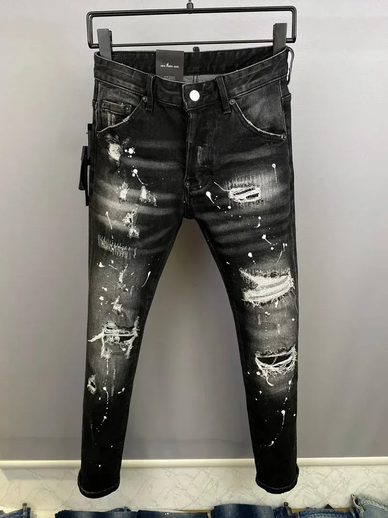 D2 Heren Jeans Denim Broek Gat Slanke Kokerbroek Metalen Knopen Feest Klassiekers Modieus Zwart DSQ2 JENAS
