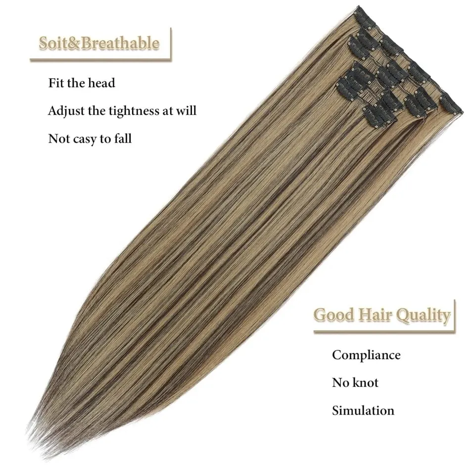 6Pcs/Set Clip In Hair Extension Synthetic Highlights Blonde Long Straight Hairpiece Full Head Thick Hairpieces for Women Girls — image 5