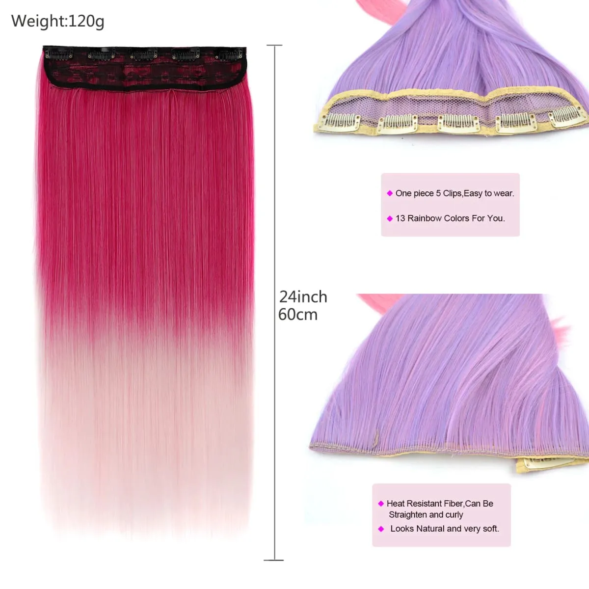 Jeedou Rainbow Hairpieces Clip In Hair Extension Ombre Color One Piece With 5Clips Straight Hair Wig For Girls Halloween Cosplay — image 3