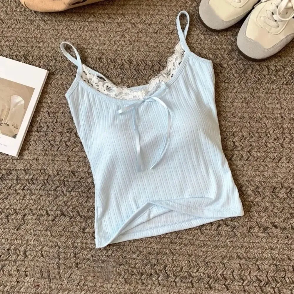 Waist-cinching Sleeveless Slim Lace Crop Top Y2k Solid Color Camisole with Pads Bottoming Shirt Sweet Lace Patchwork Vest Lady — image 8