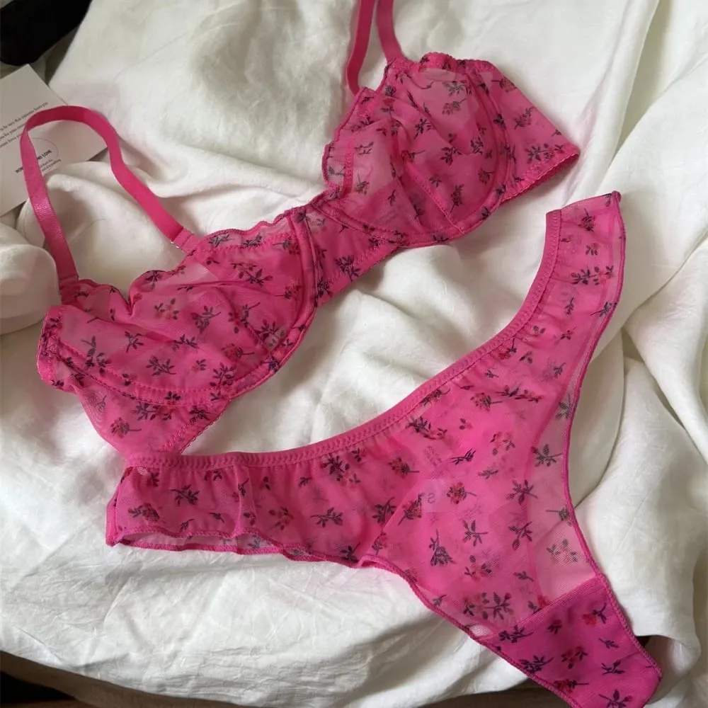 French Ultra Thin Lingerie Set Sexy Lace Floral Prints Bra Fashion Women Underwear Mesh Breathable Intimates Bras and Thong Sets — image 2