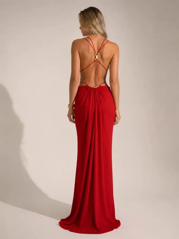 Sexy Backless Party Women's Dress Sleeveless V-neck Slim Maxi Female Vestidos 2026 Fashion Pleated Hollow Out Evening Lady Robe — image 3