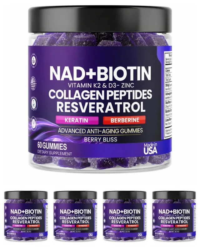Biotin Collagen Gummies with NAD+ Resveratrol Vitamin D3 K2 Zinc Daily Beauty Wellness Supplement 60 Count Berry Flavor — image 12