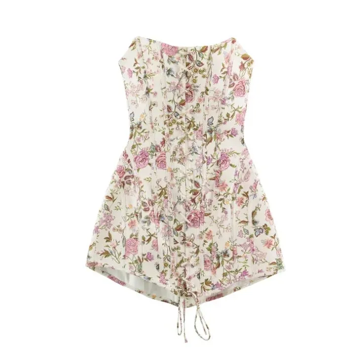 Floral Printed Off The Shoulder Lace‑up Mini Dress Strapless Waist-cinching Corset Short Dresses 2026 New Women's Party Outfits — image 4