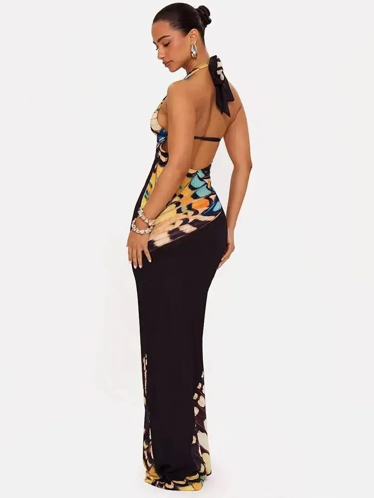 Mozision Women Butterfly Print Halter Maxi Dress Deep V Neck Bodycon Long Dress Sleeveless Backless Evening Party Club Dresses — image 3