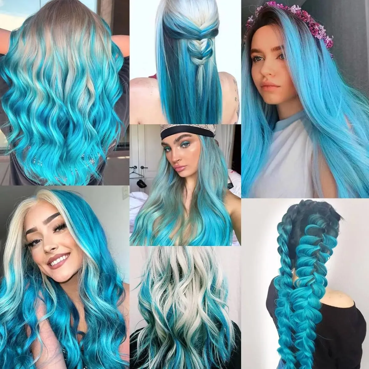 22 inch Colored Hair Extensions Light Blue Party Highlights Clip in Synthetic Hair Extensions Color Party Straight Hairpieces