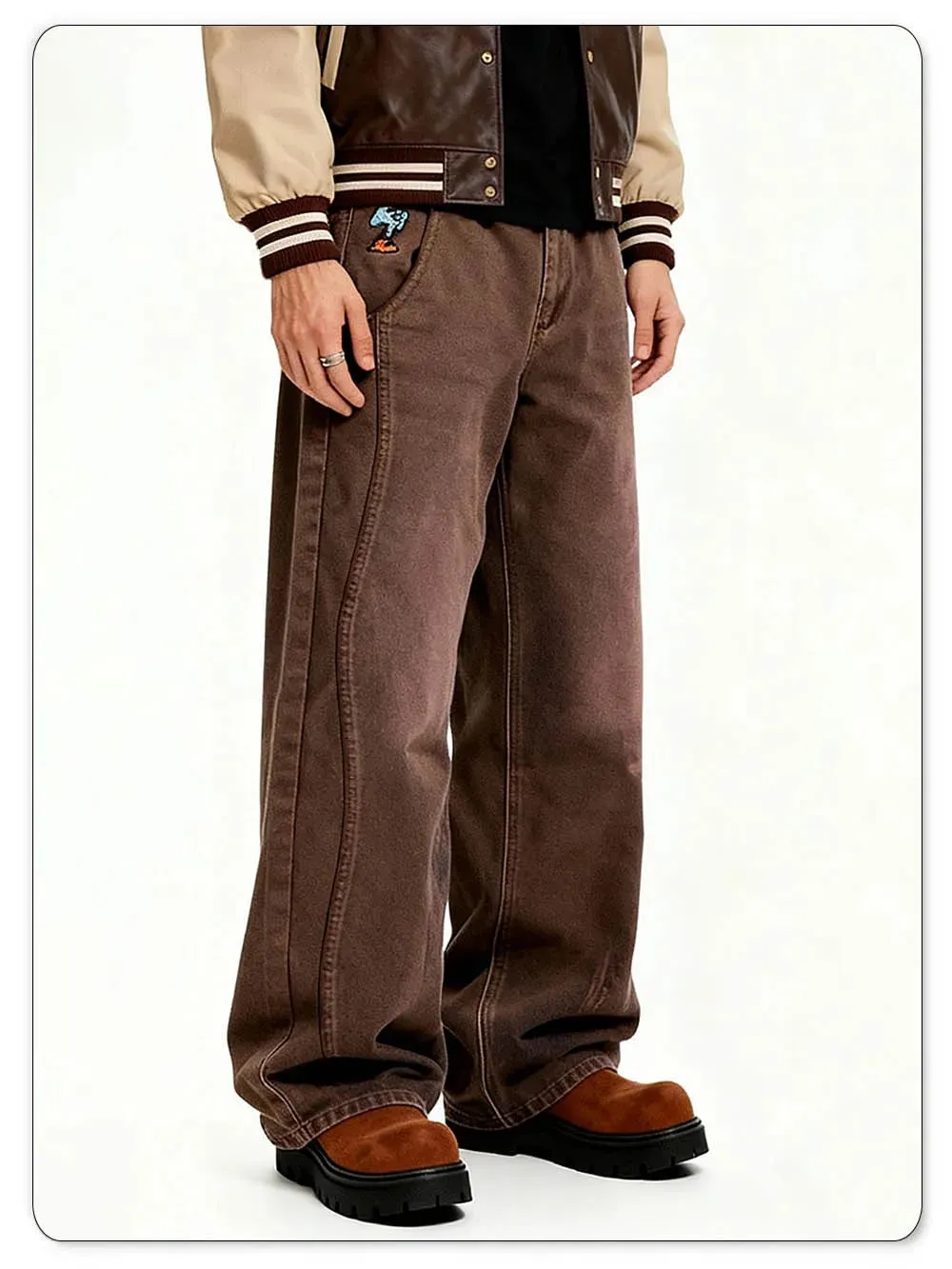 American Retro Men's Brown Casual Baggy Wide Leg Jeans Korean Cartoon Elephant Embroidery Loose Wide Leg Denim Pants Unisex — image 4