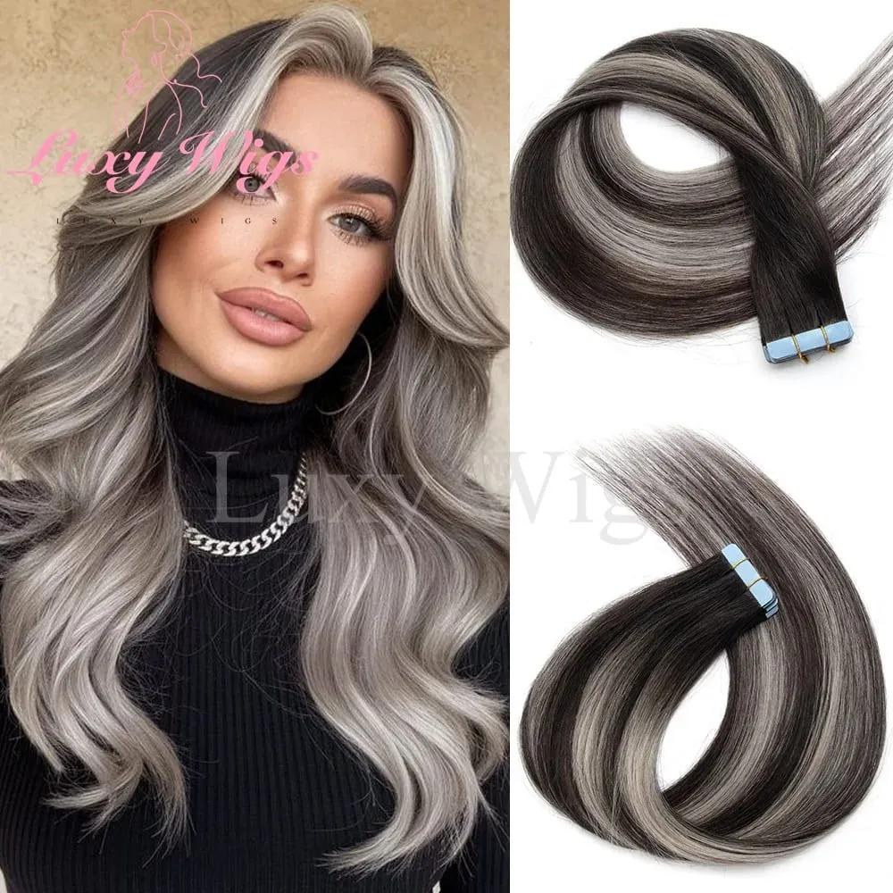 Highlights Gray Tape in Hair Extensions Human Hair Straight Black Blonde Seamless PU Skin Weft Tape In Hair Extensions 20PCS — image 1