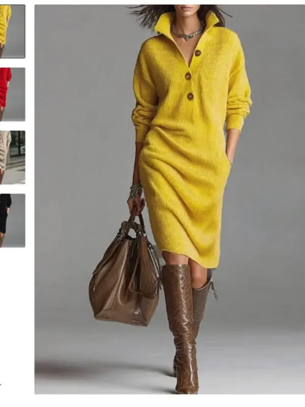 Autumn Fashion Knitted Button Lapel Women Dress Casual Loose Pocket Lazy Straight Over The Knee Long Sleeve Sweater FemaleDress — image 9