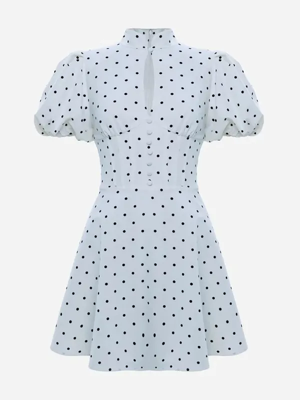 Retro Polka Dot Mini A-line Dress Women Elegant Stand Collar Puff Short Sleeve Waist-cinching Dresses Lady Party Robe 2026 New — image 7