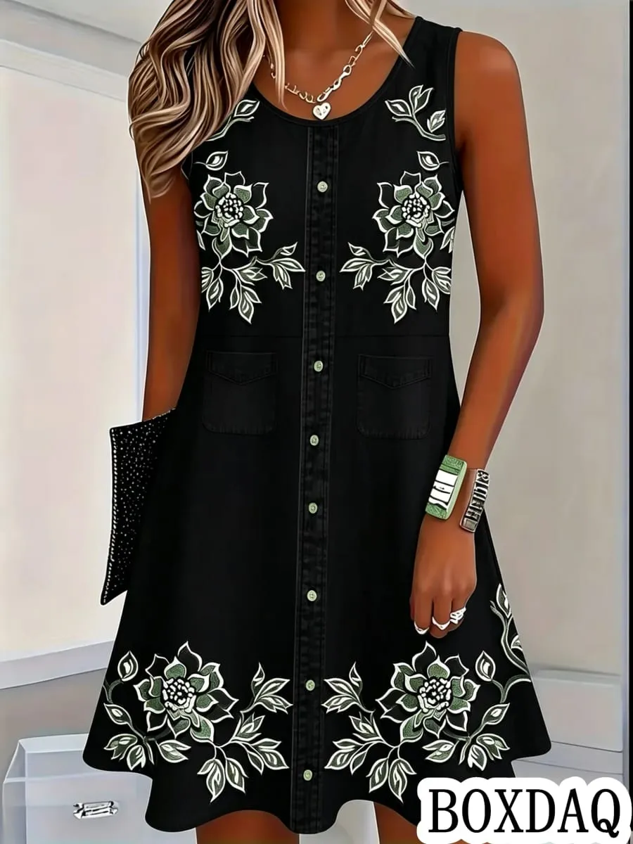 Women Vintage Pattern Flowers Print Dresses Summer Fashion Sleeveless Dress Casual Sundress Beach Loose Dress — image 2