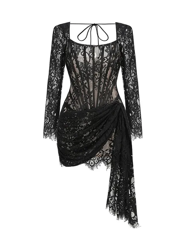 Abito corsetto patchwork trasparente in pizzo sexy Abito aderente femminile Elegante mini abito da donna MIrrgualr Abito con top a tubino Nuovo — image 13
