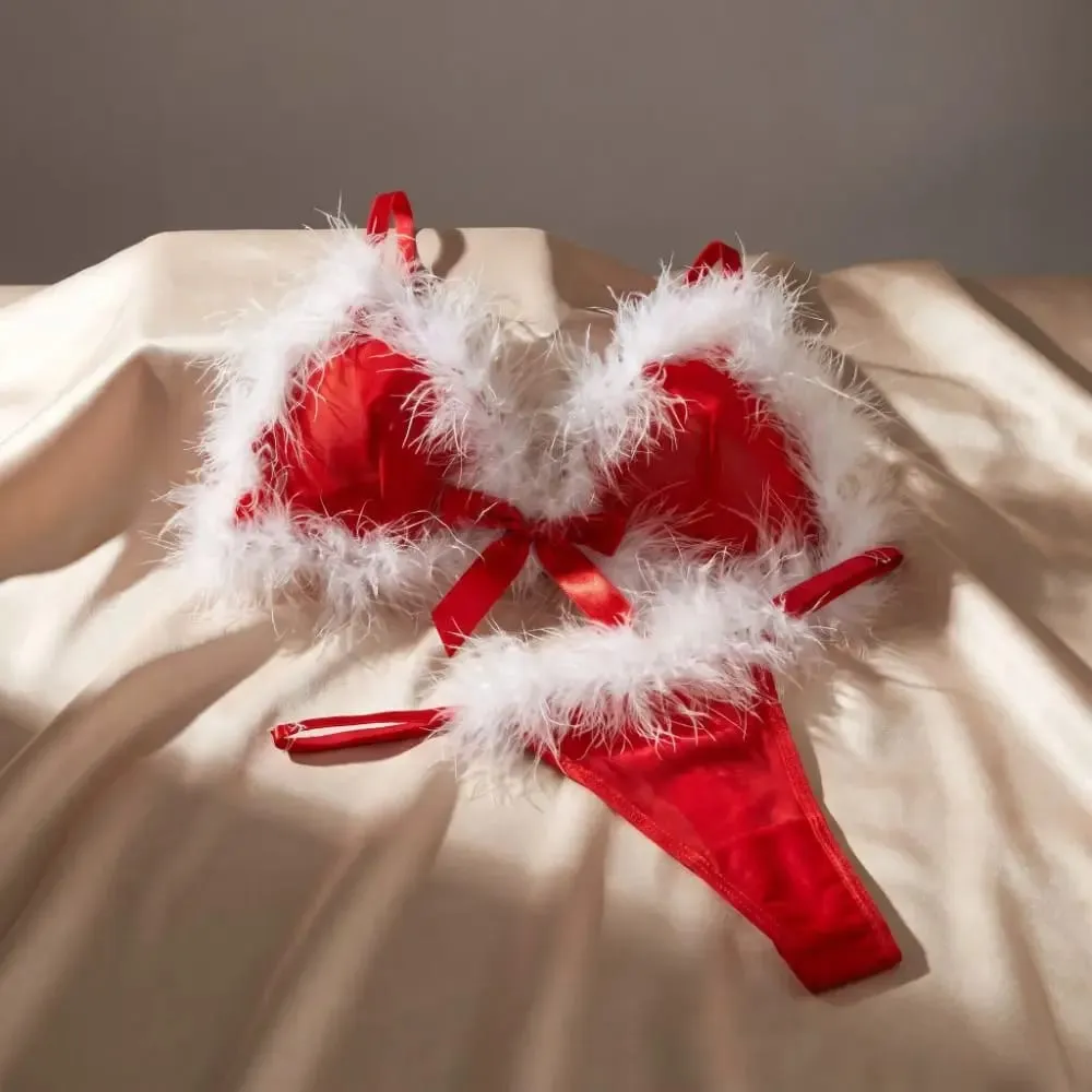 New Year Furry Women's Underwear Wireless Mesh Transparent Lingerie Set Bow Decor Romantic Intimate Bra Panties Suit Home