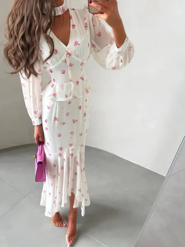 Women Elegant Printed V-neck Dress Chic Lapel Waist Cinched Pleated High Waisted Dresses 2026 Summer New Lady Vacation Gowns — image 3