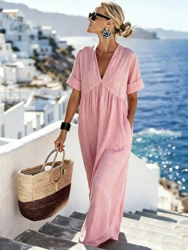 2026 Casual V-neck Short Sleeve Solid Color Women's Loose Dress Summer Elegant Female Fashion Vacation Pocket Long Dresses — image 11