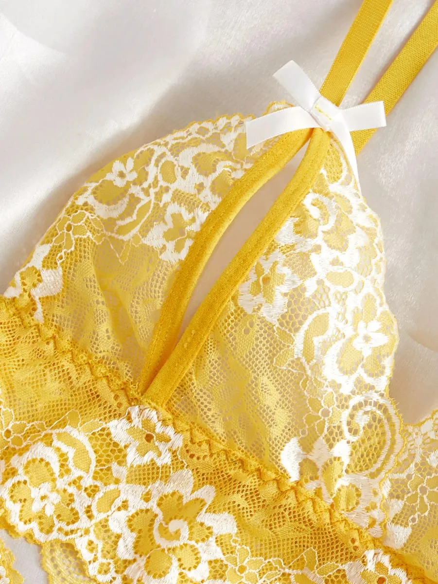 Sexy Lingerie Set Women Lace Bra And Panty See Through Floral Embroidery Bralette Transparent Erotic Underwear Bow Nightwear — image 4