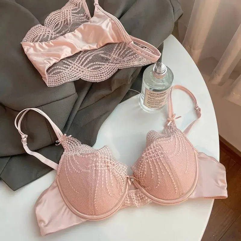 Ladies 2 Pieces Lace Underwear Suit Pure Desire Deep V Low Neck Thin Strap Soft Underwire Push Up Bra Briefs Sexy Lingerie 32‑38