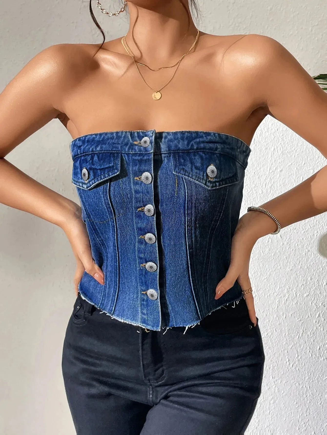 Denim Strapless Top Women Sleeveless Crop Tops Sexy Backless Single Breasted Washed Distressed Streetwear Y2k Camis Tanks Summer — image 11