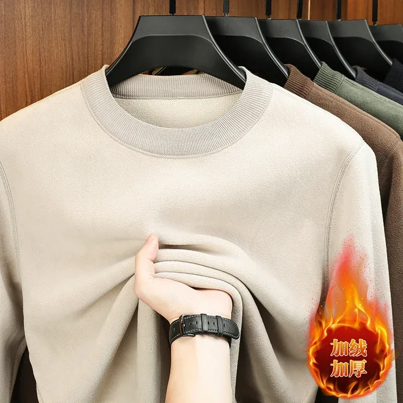 Autumn and Winter Men's Velvet Hoodie Long Sleeve Round Neck Solid Color Fashion Casual Versatile Top — image 12