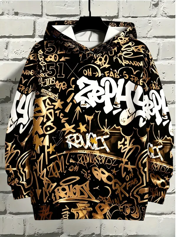 European and American Men's Autumn Gothic Letter Graffiti Print Soft and Comfortable Hooded Sweatshirt Outdoor Street Top — image 4