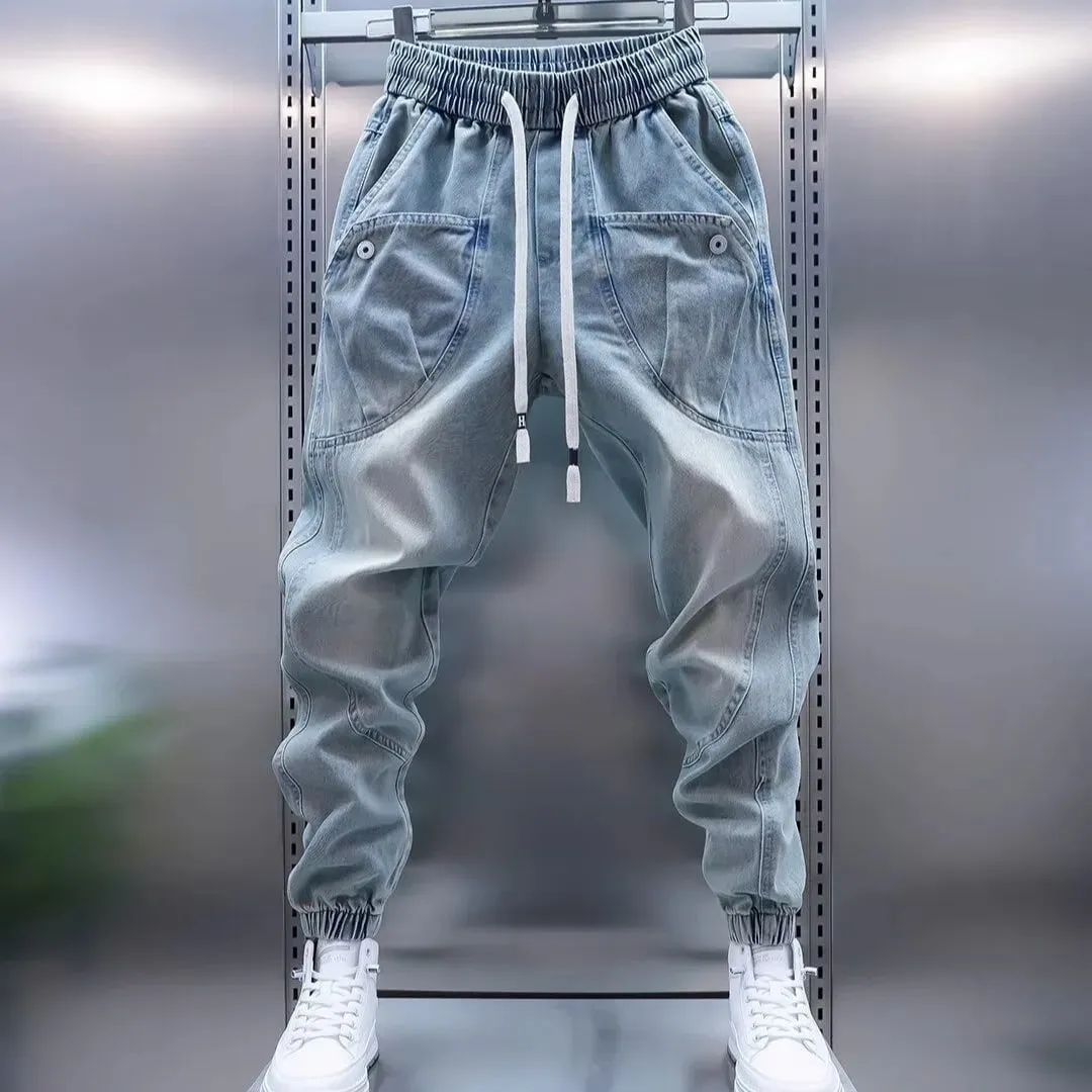 Street Elastic Jeans Men Denim Cargo Pants Wash Solid Color Multi Pockets Casual Mid Waist Trousers Daily Wear Joggers — image 10