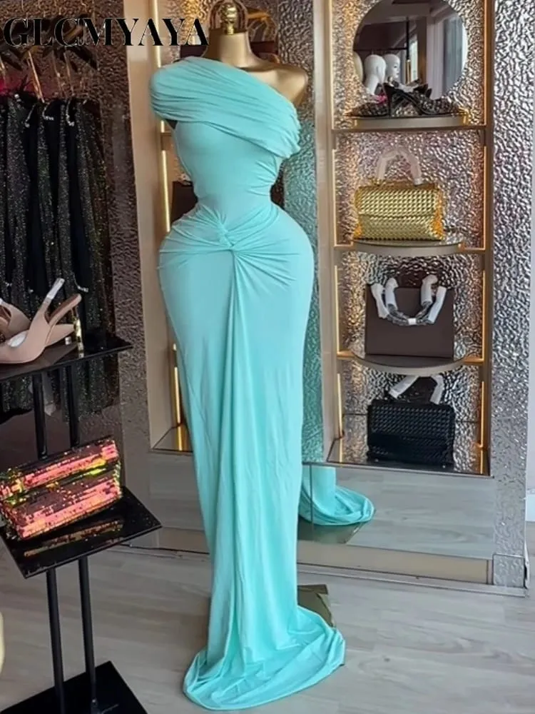 CM.YAYA Women Wraped Waist One Shoulder Ruched Stacked Bodycon Midi Long Maxi Dress 2026 Elegant Evening Birthday Party Dresses — image 5