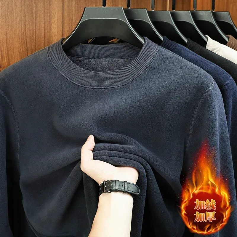 Autumn and Winter Men's Velvet Hoodie Long Sleeve Round Neck Solid Color Fashion Casual Versatile Top — image 9
