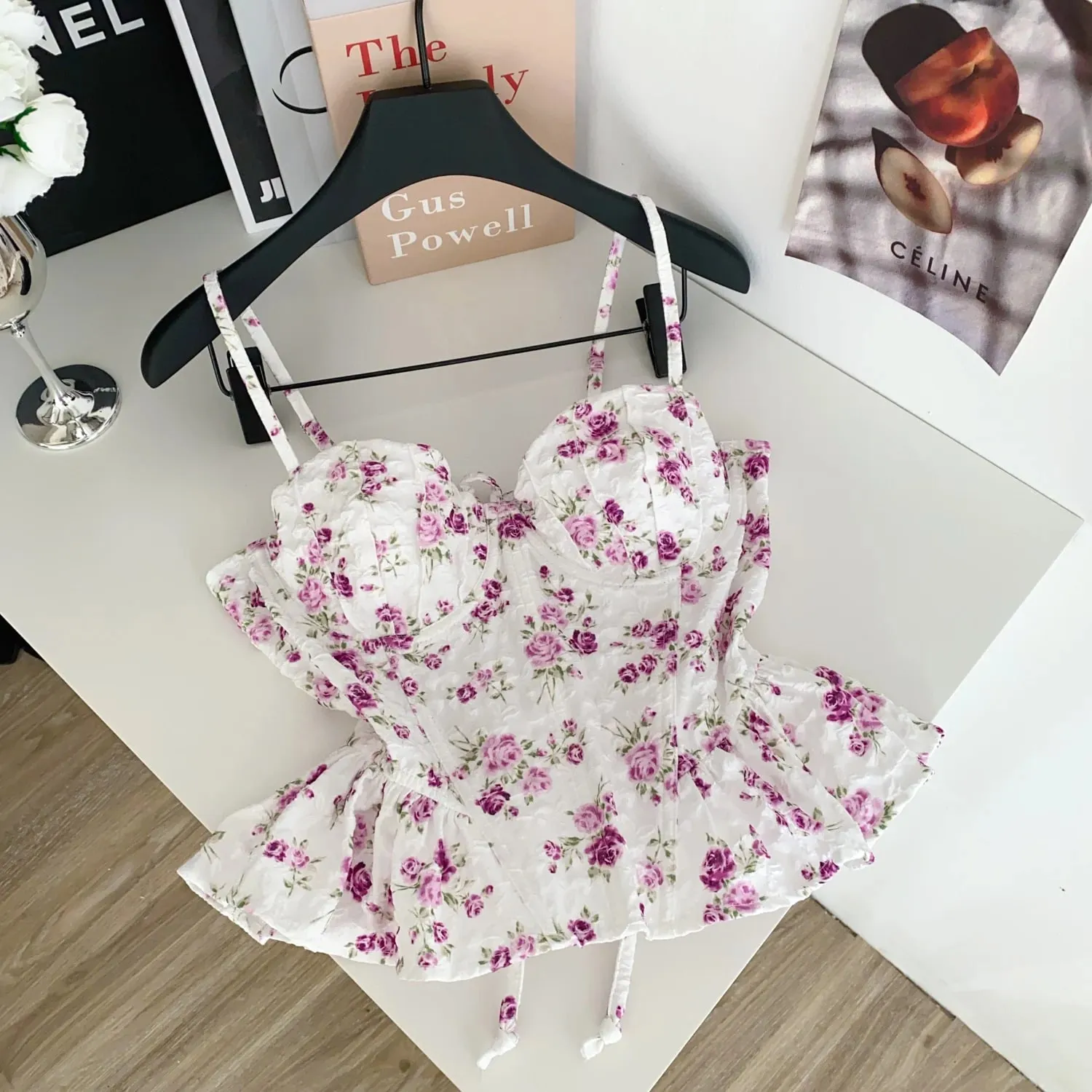 เซ็กซี่ Slim Corset ruffle พิมพ์เกาหลี Camis Tank Top Basic แฟชั่นปิดไหล่ฤดูร้อนเสื้อผ้าผู้หญิง — image 14
