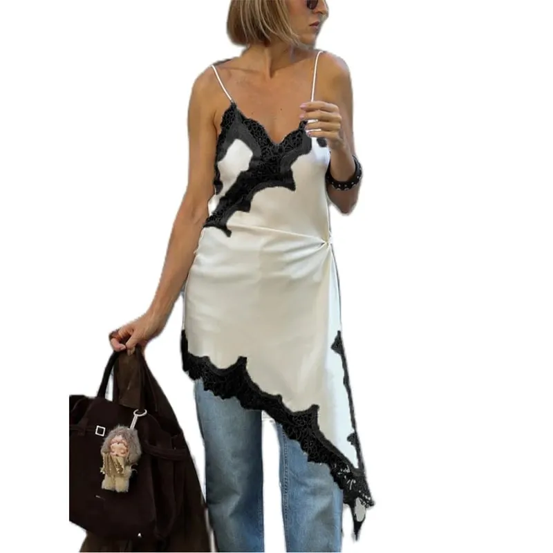 Combhasaki Women Floral Lace Trim Satin High Low Vest Silk Spaghetti Strap Side Split Asymmetrical Cami Flowy Silky Layering Top — image 13