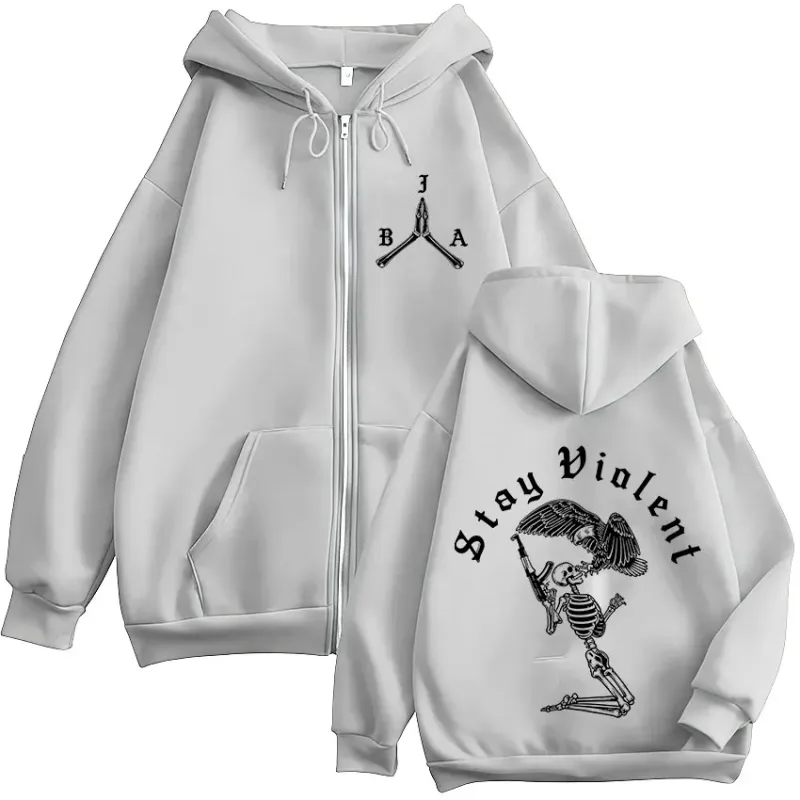 Stay Violent Brothers in Arms Skeleton Printed Zipper Hoodies Men Women Zip Up Hooded Sweatshirts Vintage Pullovers Jackets Coat — image 7