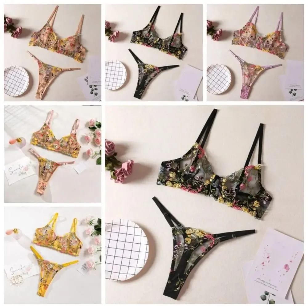 Bohemia Transparent Lingerie Set Ultra-thin Push Up Embroidery Floral Underwear Elegant Bra Suit Women — image 3