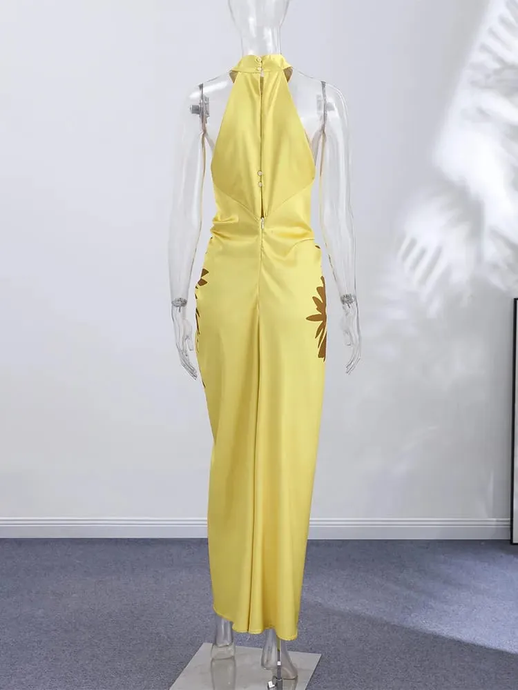 2026 Summer Printed Halter Maxi Dress Women Sleeveless Pleated Chic Satin Long Dresses Fashion Vacation Beach Party Lady Robe