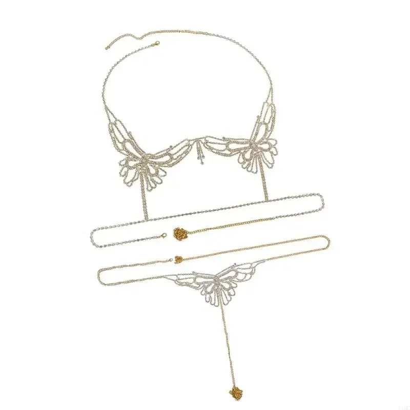 Rhinestones Outfit Body Jewelry Accessory Women's Bra Top and Panties Thong Body Chain Set for Vacation Wear — image 1