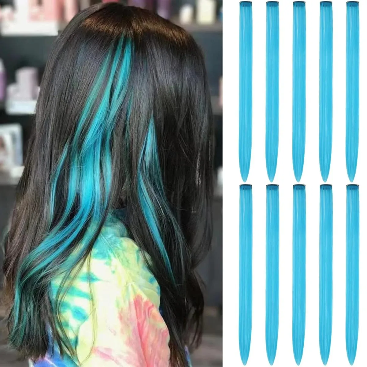 Colored Hair Extensions Clip in Teal Blue 5/10 Pieces Synthetic — image 2