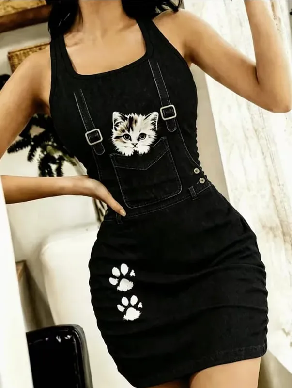 Women’s Spring and Summer Casual Slim-Fitting Spaghetti Strap Sleep Dress Made from Non-Denim Fabric. A Faux Denim cartoon Ca