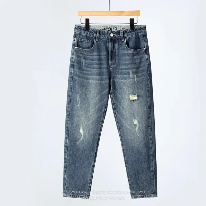 2026 Men's Spring Summer Ripped Hole Jeans Korean Style Straight Leg Casual Harem Denim Pants Distressed Washed Baggy Trousers