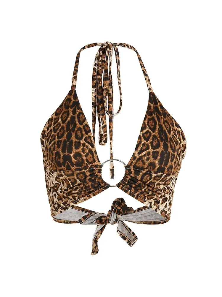 Leopard Printed Sexy Halter Crop Top Women Camis Backless Bandage Lace Up Sequins Metal Ring Tank Top 2023 Party Club Bustier — image 6