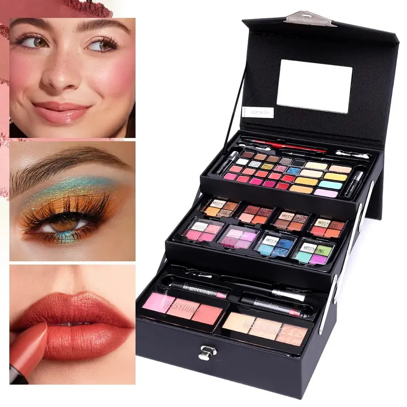 Conjunto de presente de maquiagem para mulheres kit completo tudo em um compõem sobrancelha pó batom brilho labial escova shimmer glitter paleta de sombra de olho — image 7