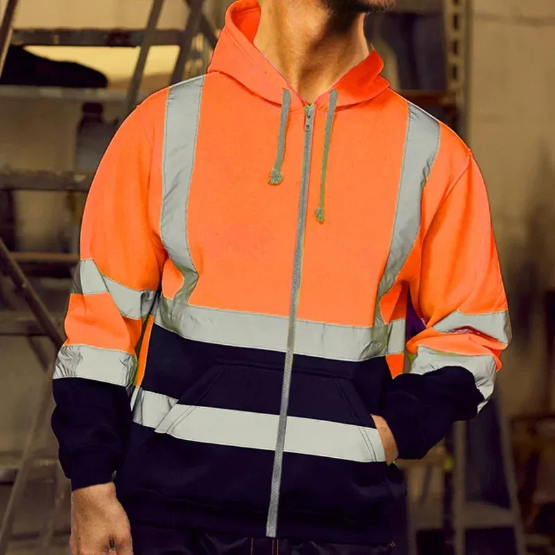 Reflective Work Safety Men Hoodies Drawstring Loose Zipper Jacket Autumn Thin Fleece Hooded Pullover Coat Casual Work Sweatshirt — image 9