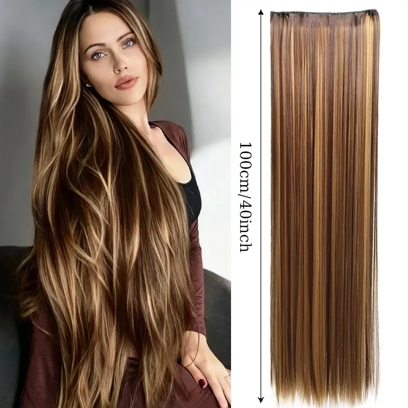 40inch Super Long Hair Extensions Wig Straight 5Clips in Hair Extensions Synthetic Hairpiece Fake Hair for Women Daily Party Use — image 2