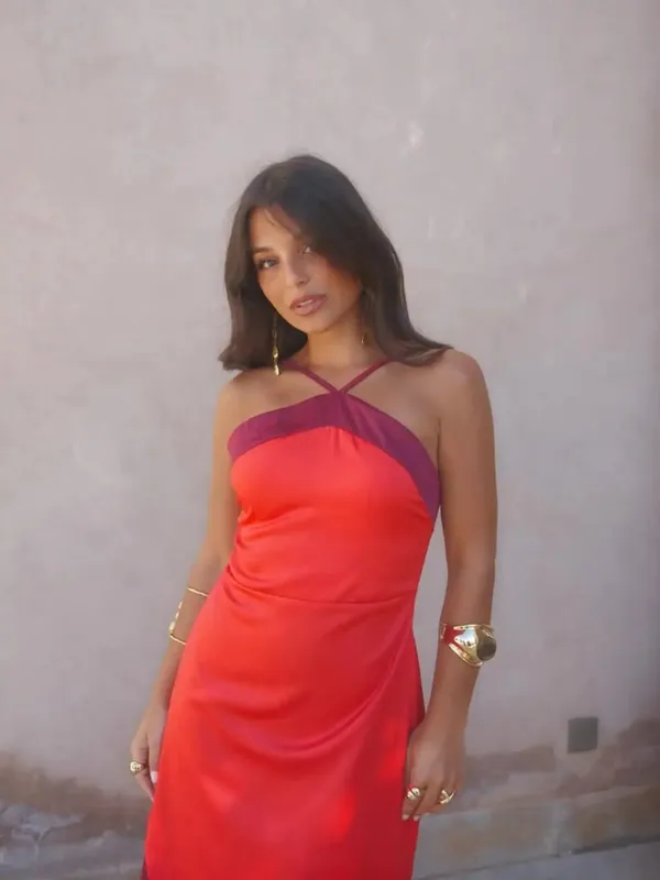 Fashion Women Color Blocking Scarf Collar Sling Dress Sexy Split Waist Cinching Bodycon Maxi Gowns 2026 Lady Club Party Vestidos — image 8